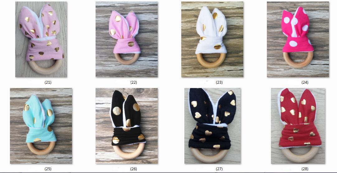10pcs Baby Teethers 28 Colors Natural Wood Circle With Rabbit Ear minky dots Fabric Newborn Teeth Practice Toys Training Handmade Ring YE003