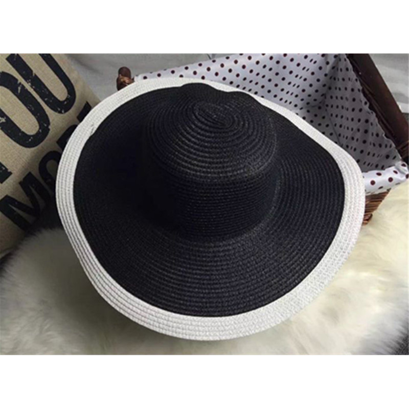 Womens Fashion Straw Sunhat Black & White Folding Floppy Derby Hat Wide Large Brim Travel Beach Cap