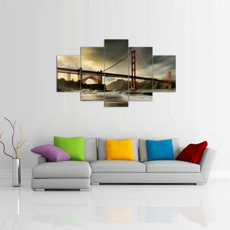 5Panel Modern Beautiful Golden Gate Bridge Oil Painting on Canvas for Living Room Wall Art Gift Decoration Home No Frame