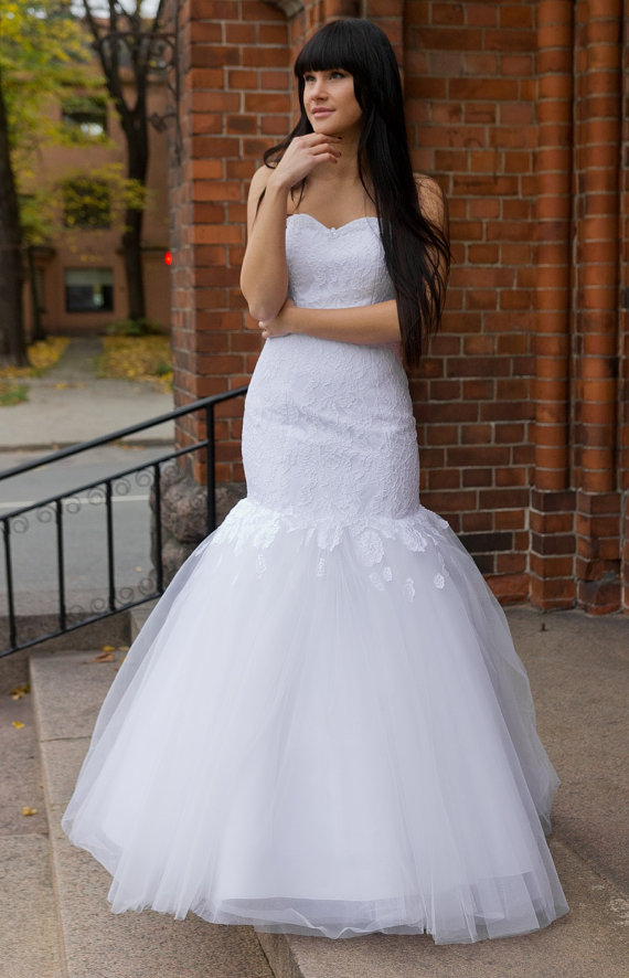 Lace Mermaid Wedding Dress with Corset and Tulle Skirt Elegant Sweetheart Floor Length White Backless Wedding Gowns