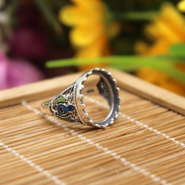 Fine Silver Chinoiserie Cloisonne Enamel 13x15mm Oval Cabochon Semi Mount 925 Silver Ring Jewelry Setting