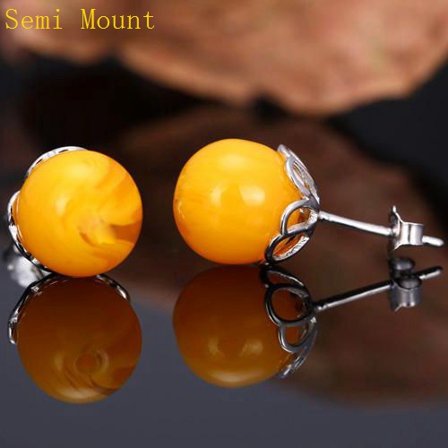 Fine Silver 925 Sterling Silver Plated White Gold 6-9mm Pearl Semi Mount Women Stud Earrings Jewelry Setting