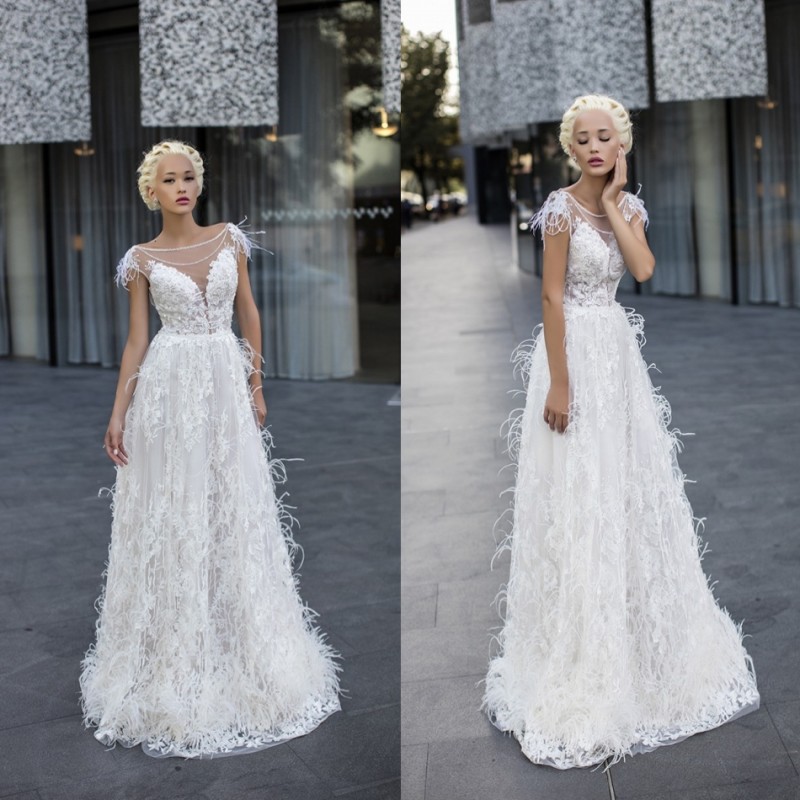 Chic A Line Wedding Dresses Free Shipping Ostrich Feather Scoop Neckline Cap Sleeves Bridal Gown Floor Length Custom Made Wedding Gowns