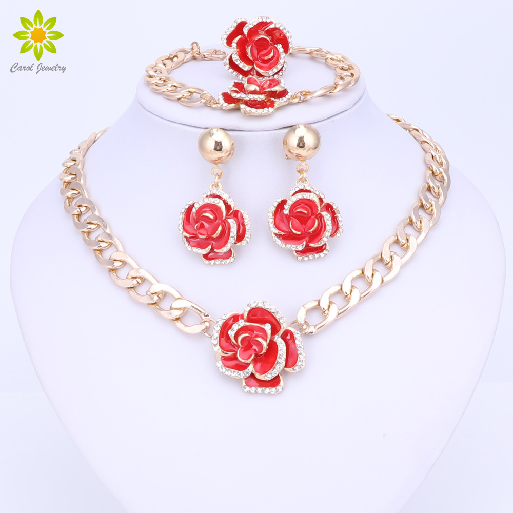 African Beads Crystal Jewelry Sets Gold Plated Enamel Rhinestone Rose Flower Necklace Earrings Bracelet Ring Wedding Accessories
African Beads Crystal Jewelry Sets Gold Plated Enamel Rhinestone Rose Flower Necklace Earrings Bracelet Ring Wedding Accessories