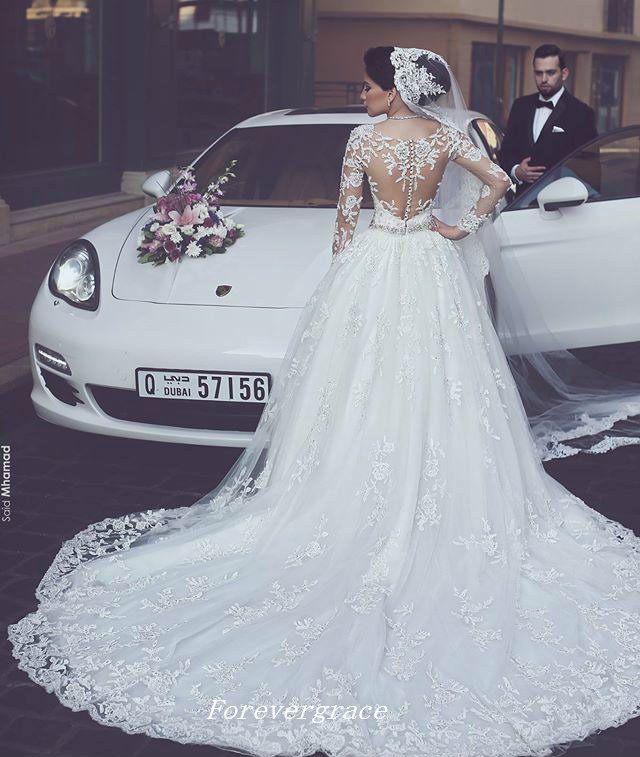 New Arabic Lace Appliques Wedding Dress A Line Illusion Back Long Sleeves Women Wear Bridal Gown Custom Made Plus Size Vestido De noiva