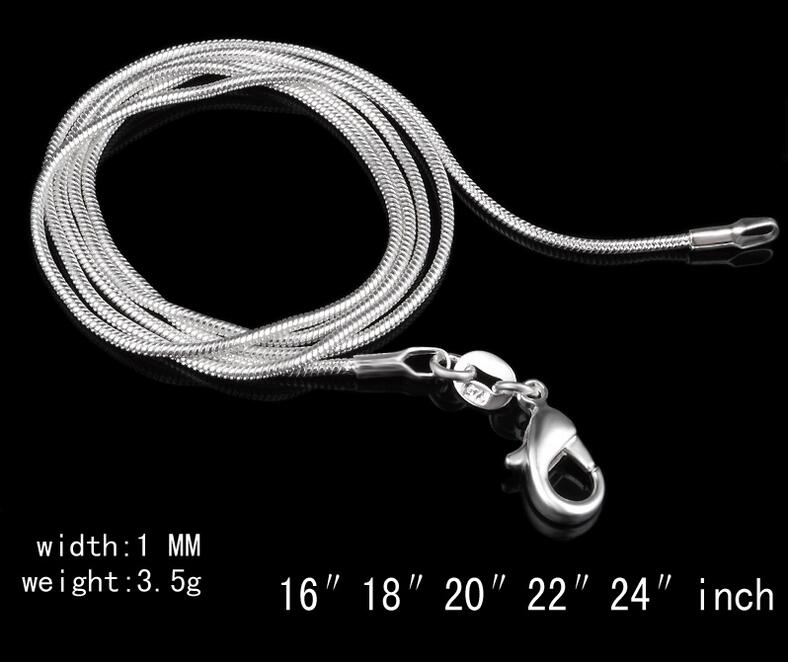1MM 16-24inch Silver Plated cute pretty Smooth Snake Chain Necklace jewelry hot sale Fit pendant Stamped 925