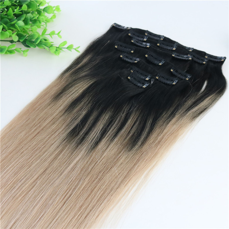 8A 7pcs 120gram Clip In Human Hair Extensions Ombre Dark Natural Root To Ash Blonde Balayage Highlights Hairstyle