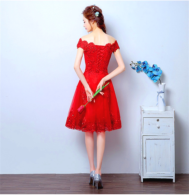 Princess Red Evening Dresses Elegant Off the Shoulder Bride Gown with Appliques Short Ball Prom Party Homecoming/Graduation Formal Dress
