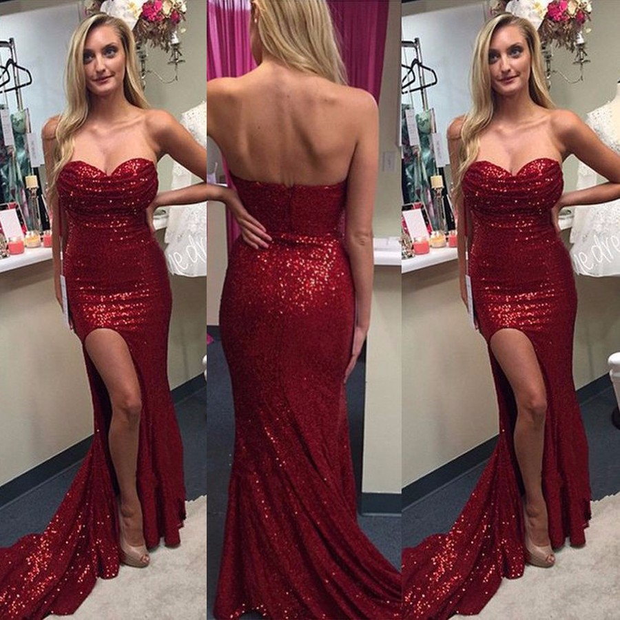 Long Sparkly Sequins Prom Party Dresses High Split Sexy Mermaid Evening Gown Vestido Longo ballkleider Burgundy Prom Dress