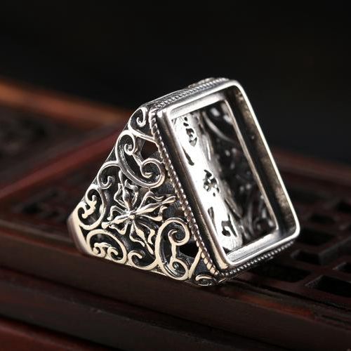 Fine Silver Silver 925 Art Deco Men Ring Generous 15.5x20mm Princess Cabochon Semi Mount