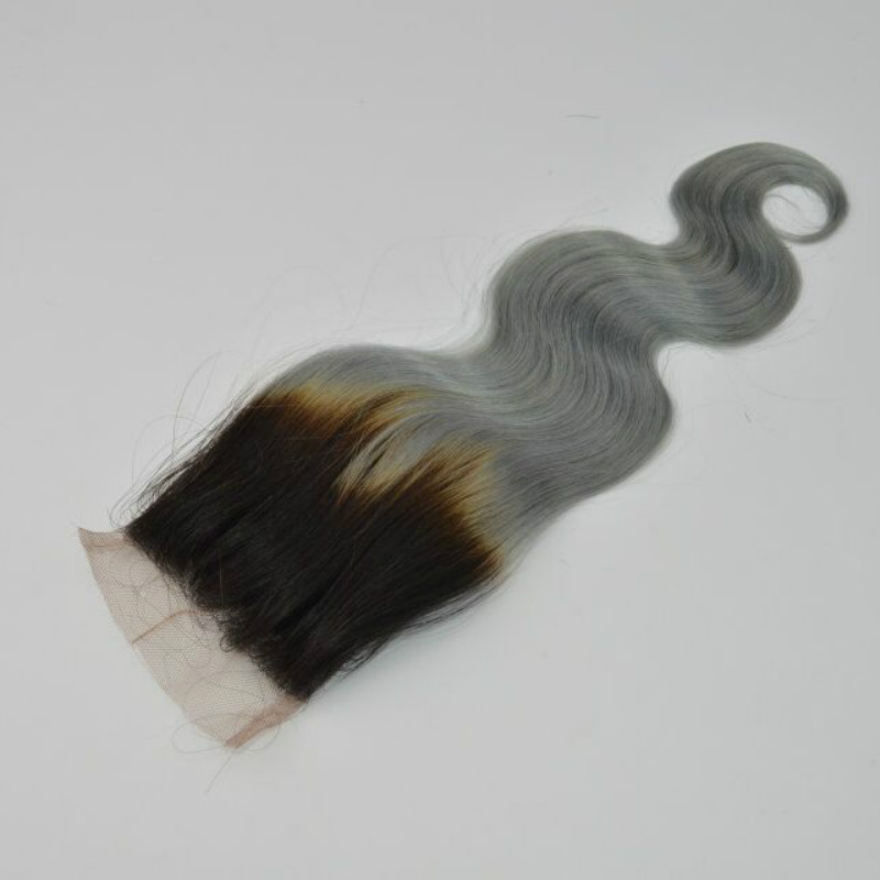 4x4 Straight Lace Colored Closure 1B/Grey Brazilian Remy Human Hair Baby Hair Free Part