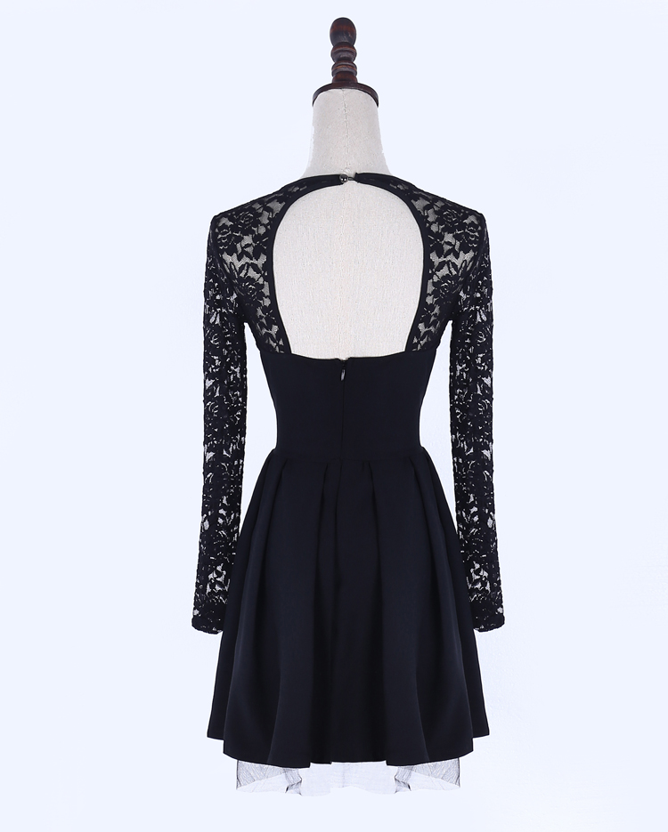 Cheap Black Lace Sexy Sheer Evening Dresses Hollow Back Short Party Prom Dresses with Long Sleeves Real Sample Cocktail Party dress