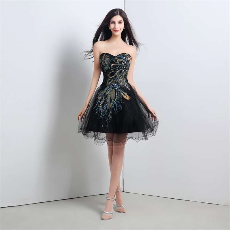 New Stock Short Black Organza Prom Dresses 2017 With Sweetheart Appliques Beaded Lace Up Formal Evening Gowns QC239