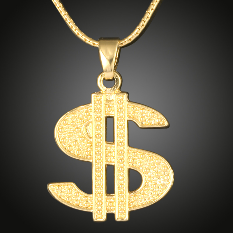 Gold Color $ Money Symbol Pendant Hip Hop Bling Crystal Dollar Sign 76cm Gold Link Chain Pendant Necklace Men Women Jewelry