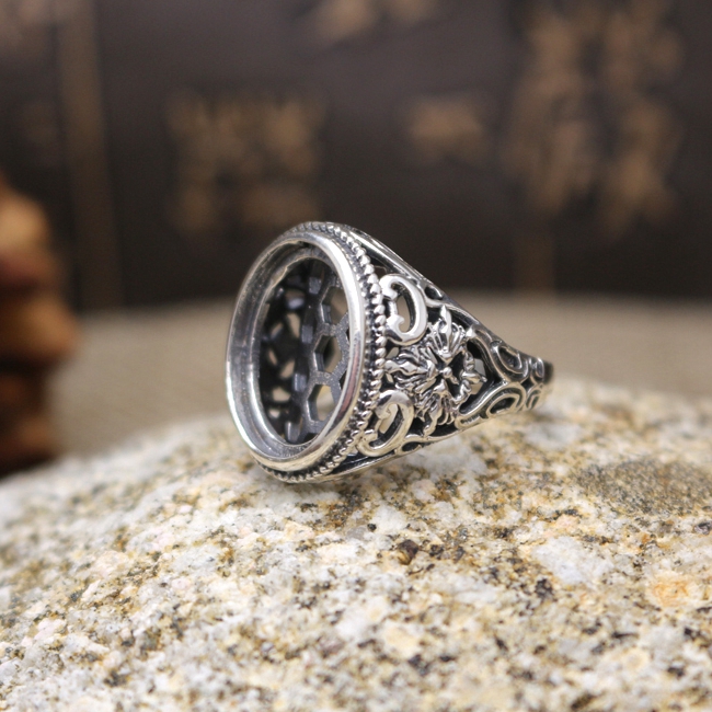 Art Nouveau 13x16mm Oval Cabochon Semi Mount Sterling Silver 925 Engagement Men Ring Retro Fine Silver Ring Setting Vintage