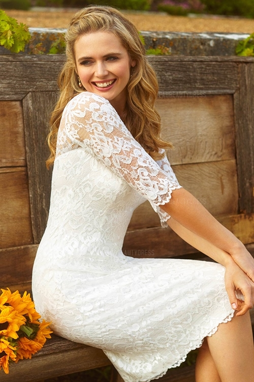 Sheath/Column Knee-length Lace Wedding Dress With Jewel Neck 3/4 Sleeve Garden Country Vintage Sexy Short Cheap Sexy Bridal Dress