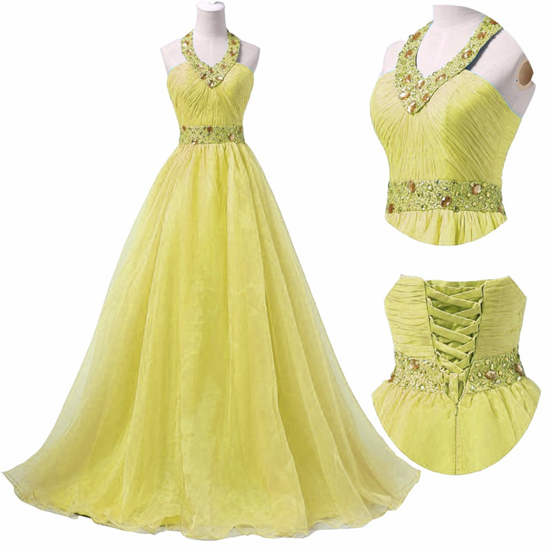 2017 Sexy Halter Crystal A-Line Formal Evening Dresses With Beading Sequined Organza Floor-Length Plus Size Prom Party Celebrity Gowns BE23