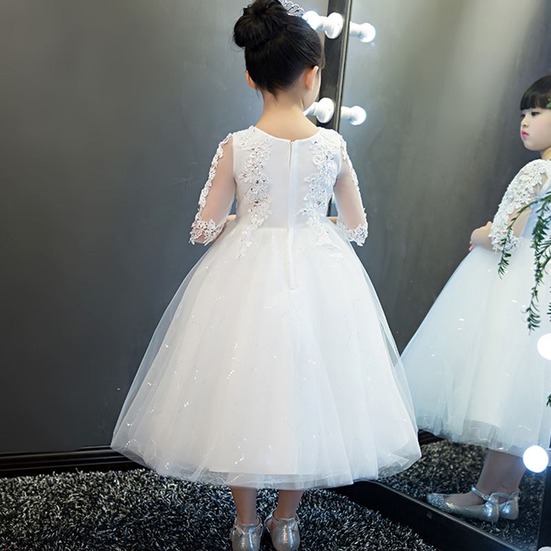 Elegant Flower Girl White Lace Wedding Dress Sequin Appliques Party Tulle Princess Birthday Dress Half Sleeve First Communion Gown