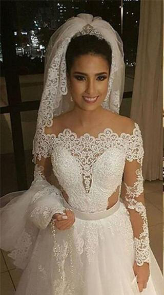 Elegant Modest A-line Dubai Saudi Arabic Style Wedding Dress Vintage Appliques Lace See Through Back Long Bridal Gown Custom Made Plus Size