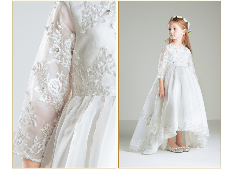 High Low Lace Flower Girl Dresses 3/4 Long Sleeves Beaded First Communion Vintage Little Girls Pageant Dresses With Bow Children