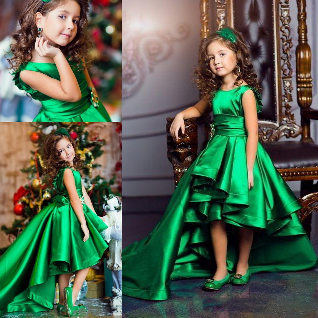 Hi Lo Green Pageant Satin A Line Pleats Sash Flower Girls Lovely Children Birthday Dresses Kids Formal Wear