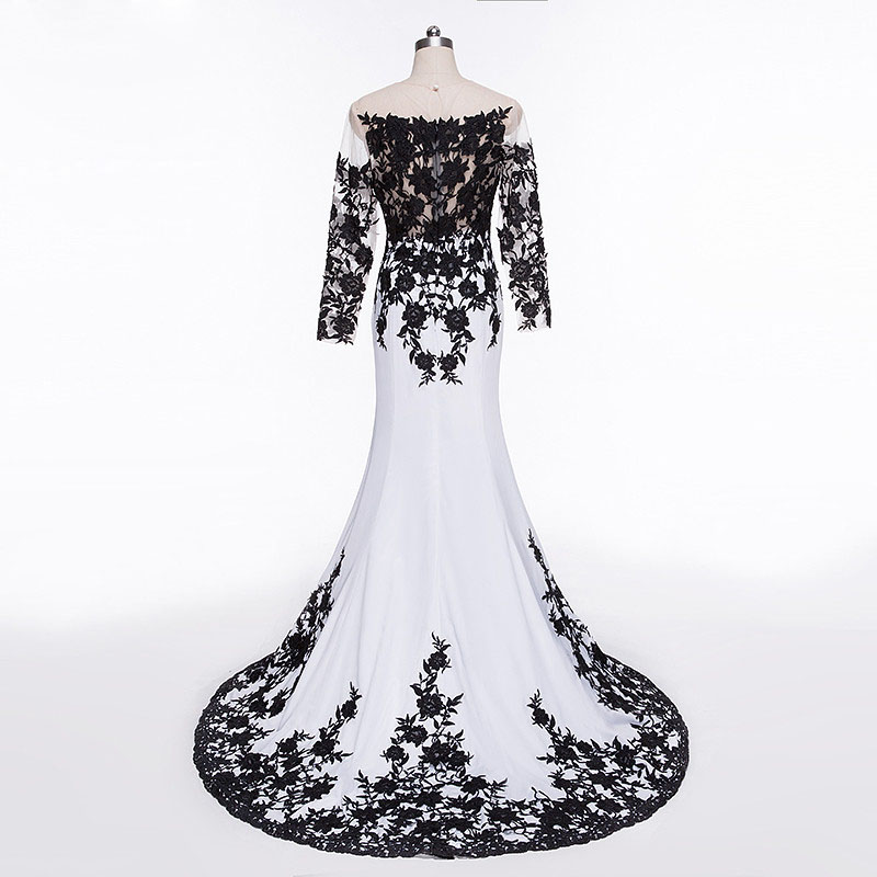 Sexy White and Black Evening Dresses Illusion Sheer Neckline Long Sleeves Chiffon Tulle Floral Applique Sweep Train Prom Dress Plus Size
