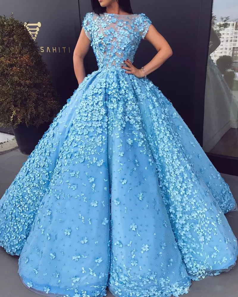 New Fashion Gorgeous Pearls Evening Dresses Sheer Neckline 3D Floral Applique A-Line Tulle Evening Gowns Red Carpet Dress Celebrity Dresses