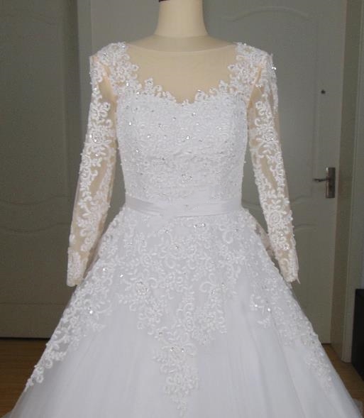 Ball Gown Sheer Long Sleeve Wedding Dresses Lace Applique Beaded V-neck Bridal Gowns Chapel Train Vestido De Casamento Actual Image