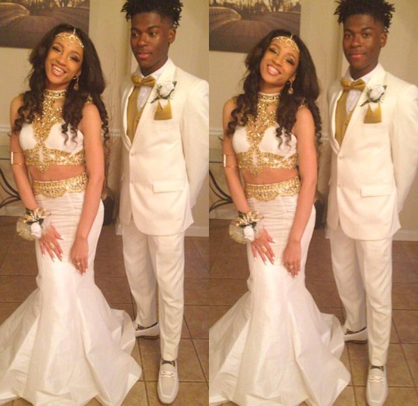 2020 Sexy Black Girl Two Pieces Prom Dresses Mermaid White Gold Beaded Rhinestones Prom Dress Long Party Dress