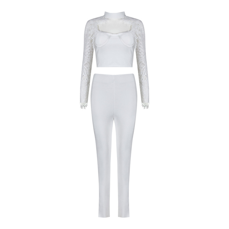 Wholesale- wholesale 2017 new Jumpsuits black and white Long-sleeved lace Two Piece Set bandage Rompers (H1350)