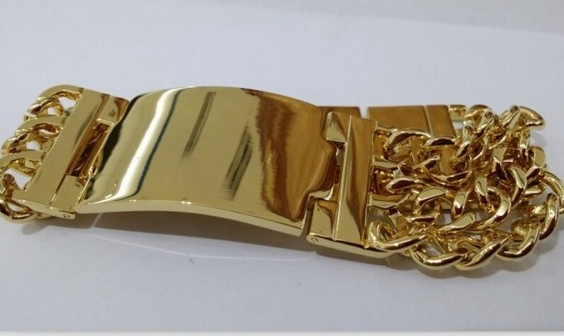 Gold Tone Biker Stainless Steel Fashion new Jewelry 2 Row Curb Chain bangle Smooth ID Bracelet for Men women large 22mm 9 inch