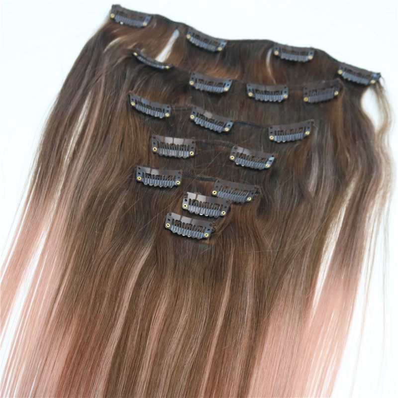 120g Full Head Clip In Human Hair Extensions 7pcs Ombre Pink Brown Tips #3 Rose Gold Balayage Hair Extensions Highlights