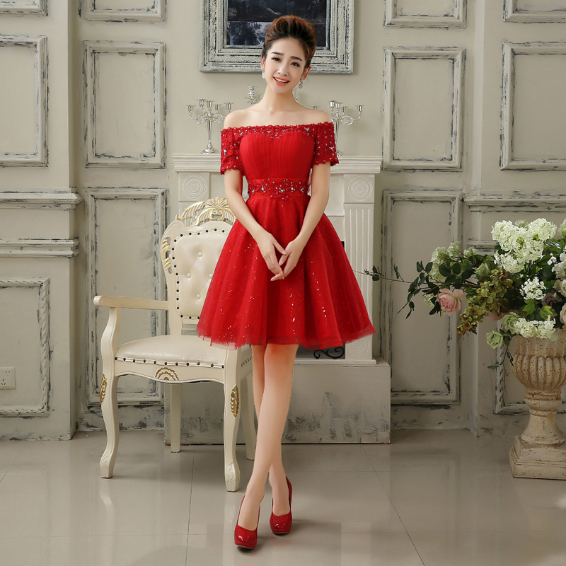 New Red Evening Dresses with Short Sleeve Elegant Girls Women Bride Gown Fashion Off the Shoulder Ball Prom Party Graduation Formal Dress