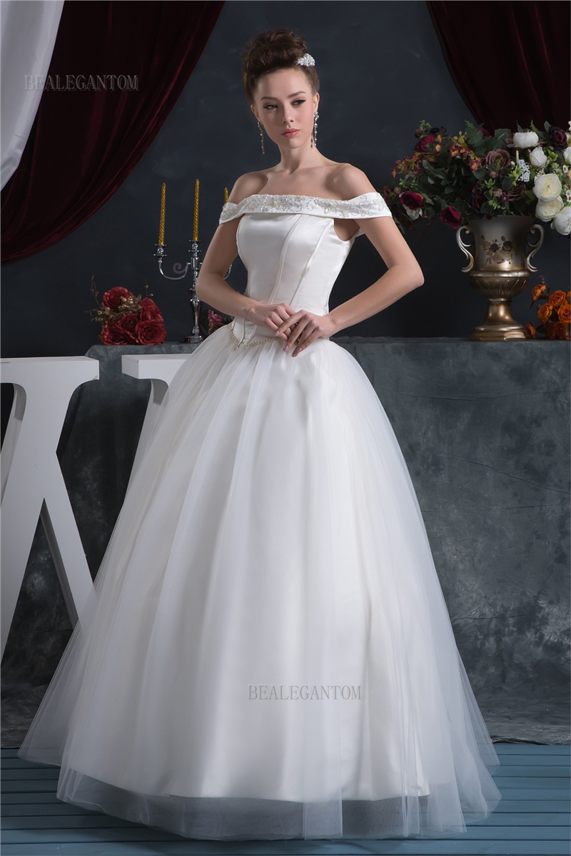 2017 New Ball Gown Wedding Dresses with Satin Organza Appliques Beaded Flowers Cheap Plus Size Bridal Gowns BM53