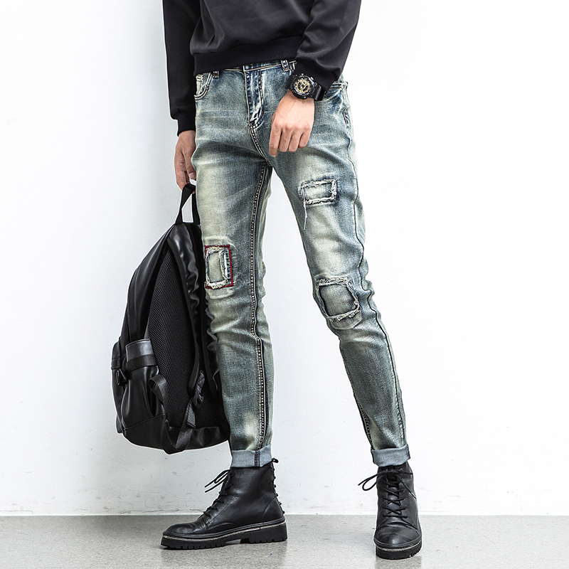 Wholesale-New Style Patchwork Mens Jeans Straight Regular Fashion Cheap Small Straight Mens Jeans Brand Clothing Cotton Mens jeans China