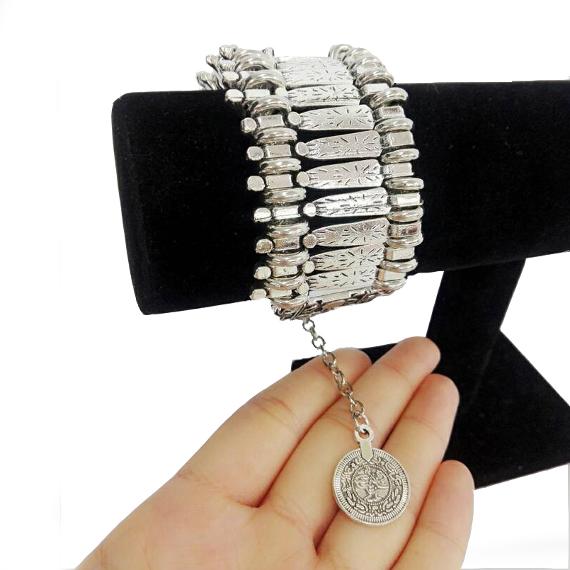 Wholesale-Bohemia Carved Plated Silver Coin Bracelet For Women Vintage Tassel Chunky Bracelet Bangle Acciaio Femme
