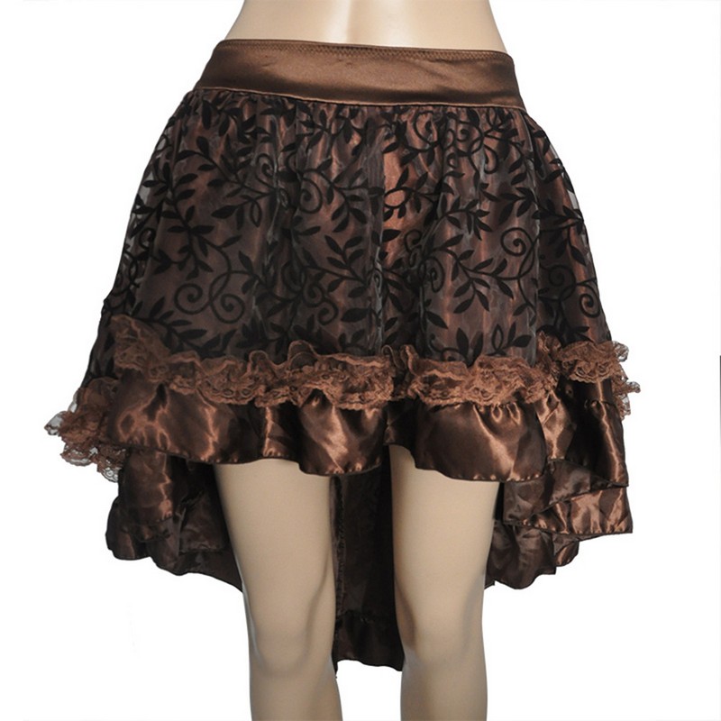 Women Retro Ruffle Skirts Lolita Floral Flock Lace Overlay and Voluminous Layered Hi-lo Mini Skirt Plus Size Party Corset Costume Steampunk Gothic Ski