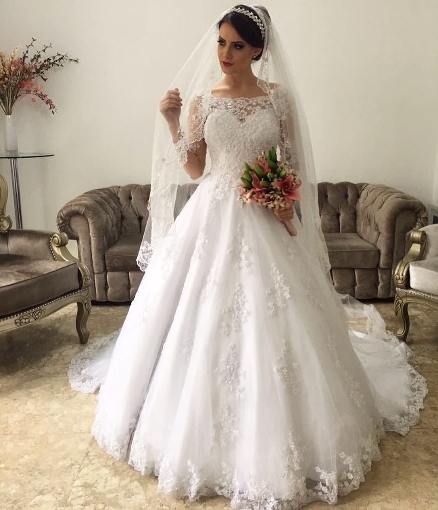 Scoop Ball Gown Long Sleeve Wedding Dresses Lace Appliques with Beaded Sequins Bridal Wedding Gowns vestidos de renda, White
Scoop Ball Gown Long Sleeve Wedding Dresses Lace Appliques with Beaded Sequins Bridal Wedding Gowns vestidos de renda, White