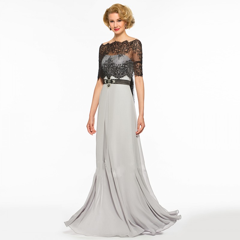 Silver Grey Mother Of The Groom Dresses With Capes Sweep Train Sash Beading Applique Lace Shawl Long Dress Mother Of The Bride Gowns