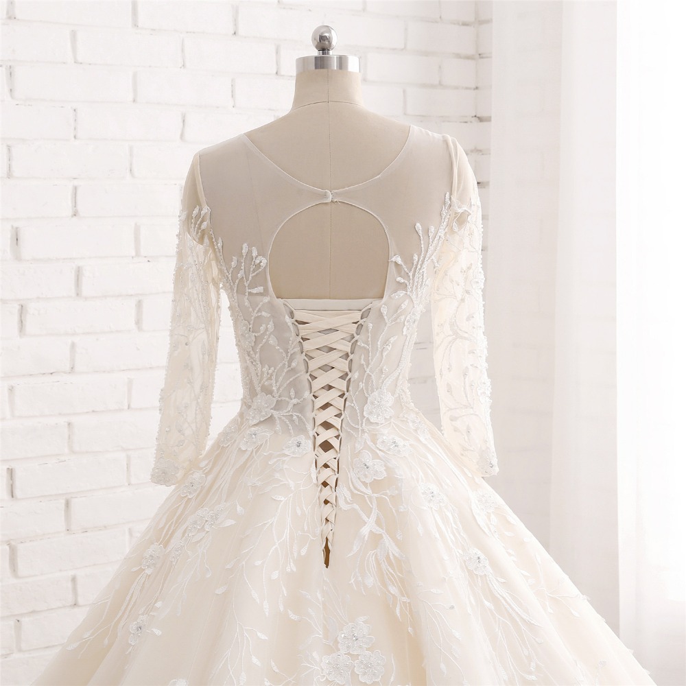 Vintage New Princess Ball Gown Wedding Dresses Long Sleeves See Through Lace Up Back Beaded 3D Floral Tulle robe de mariage