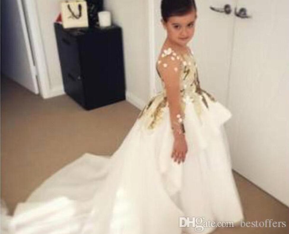 2022New Design Flower Girls Dresses For Weddings Long Sleeves Gold Sequins Pageant Party Gowns First Communion Dress For Child Teens Custom