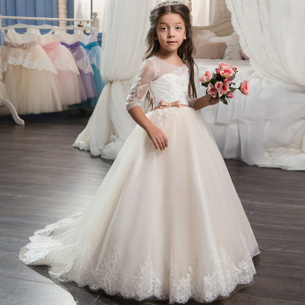 2020 Beautiful Champagne Lace Flower Girl Dress with Sleeves Lace Train Kids Corset Ball Gown Prom Dress for Girls Size 8 12