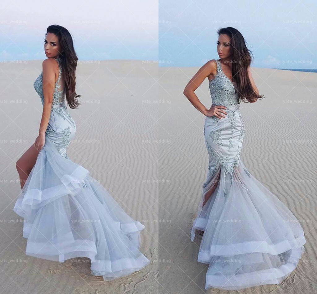 Silver Gray Mermaid Evening Dresses Sheer Straps Appliques Satin Tulle Illusion Back Split Sexy Mermaid Prom Dresses Evening Gowns, Black
Silver Gray Mermaid Evening Dresses Sheer Straps Appliques Satin Tulle Illusion Back Split Sexy Mermaid Prom Dresses Evening Gowns, Black