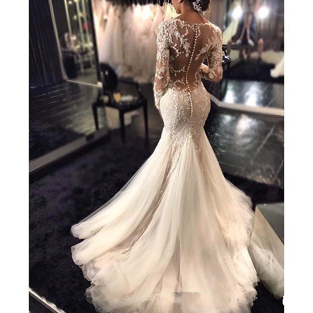 2022 New Gorgeous Lace Mermaid Wedding Dresses Dubai African Arabic Style Petite Long Sleeves Natural Slin Fishtail Bridal Gowns