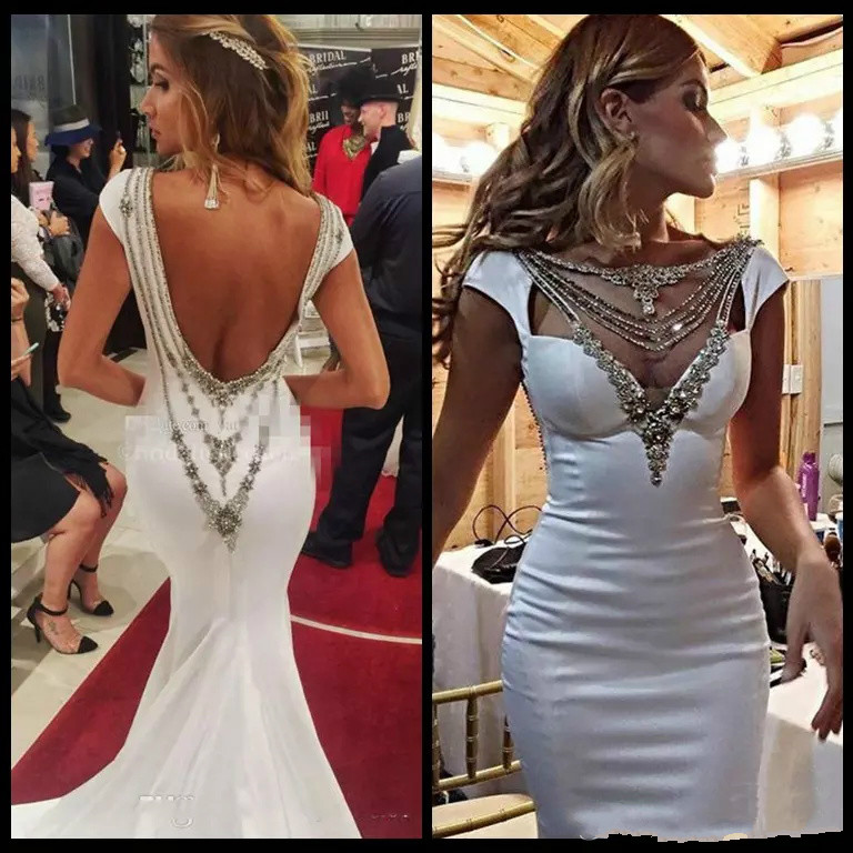 Glamorous Mermaid Evening Dresses Chic Crystal Neckline Cap Sleeves Satin Ivory Backless Formal Evening Gowns Celebrity Prom Dress Plus Size