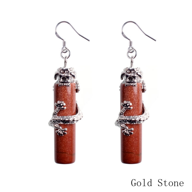 925 sterling silver natural stone crystal Dangle & Chandelier column Chinese dragon national wind earrings for women long earringsdrop earring