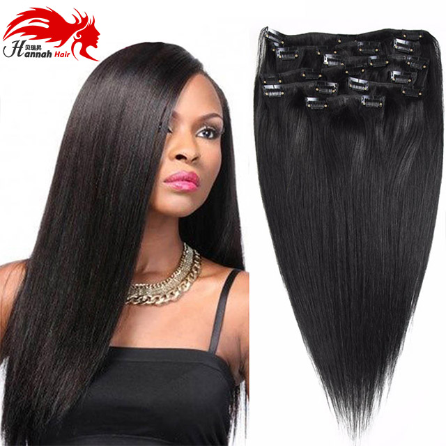 Hannah product Brazilian Clip In Hair Extensions 7/10 pcs/set Full Head Natural Brown Straight Clip in Human Brazilian Hair