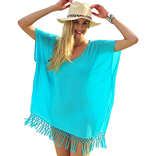 Wholesale- Women Fashion Tassels Stitching Loose Sun Protection Top Up Dress 09WG
