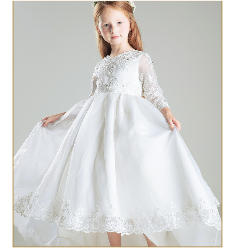 High Low Lace Flower Girl Dresses 3/4 Long Sleeves Beaded First Communion Vintage Little Girls Pageant Dresses With Bow Children