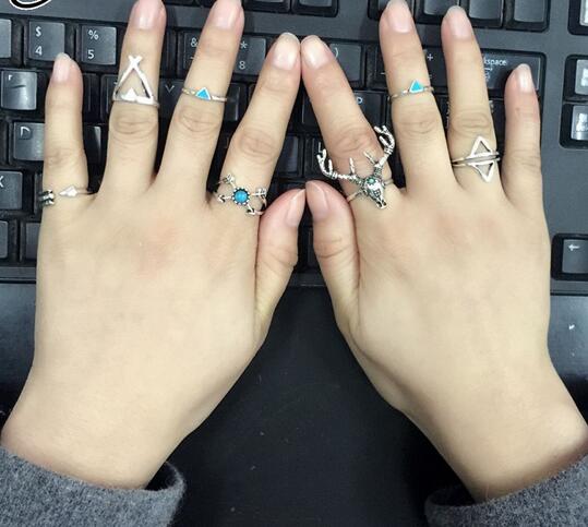 New Vintage Boho Rings Jewelry 7pcs/Pack Metal With Antique Silver Plated Multipack Ring Set for Woman anel Antler G76